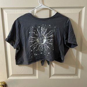 Gray sun and moon open back crop top